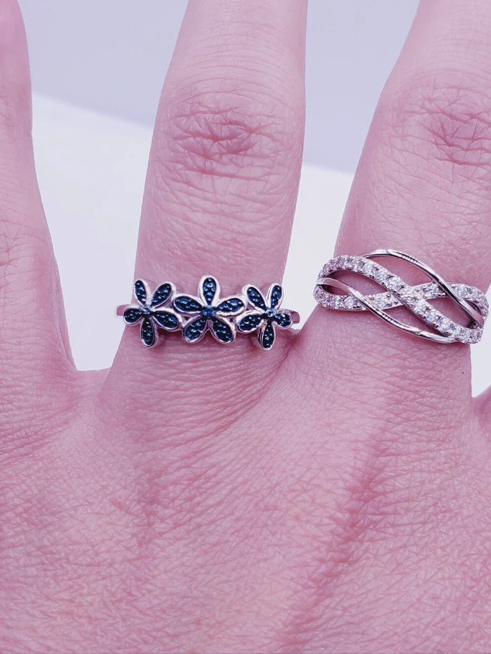 Genuine Blue Diamond Accent 925 Sterling Silver Floral Triple Flower Ring